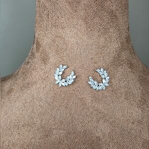CZ Leaf Ear Crawler Earrings – Silver Tone Vine Climber Studs